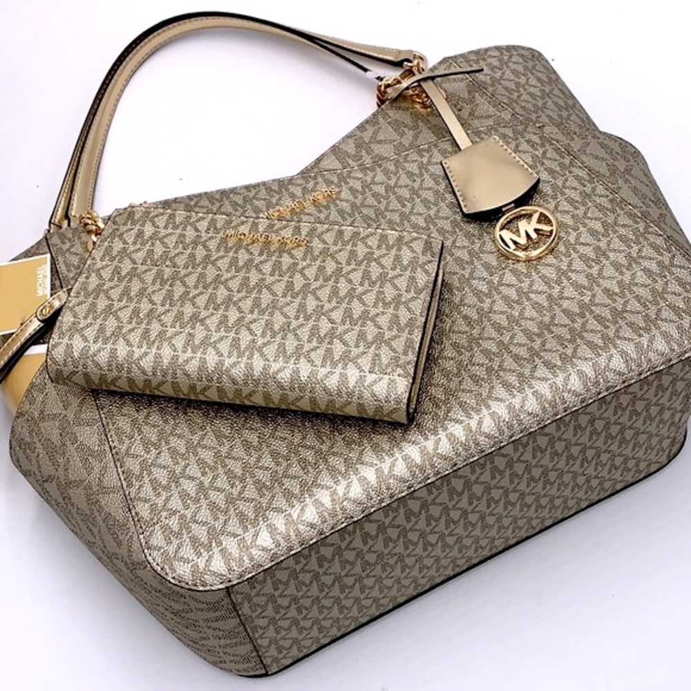 MICHAEL KORS LG  X CHAIN SHOULDER TOTE & Lg Double Zip Wallet PALE GOLD SIGNTR - Picture 5 of 12